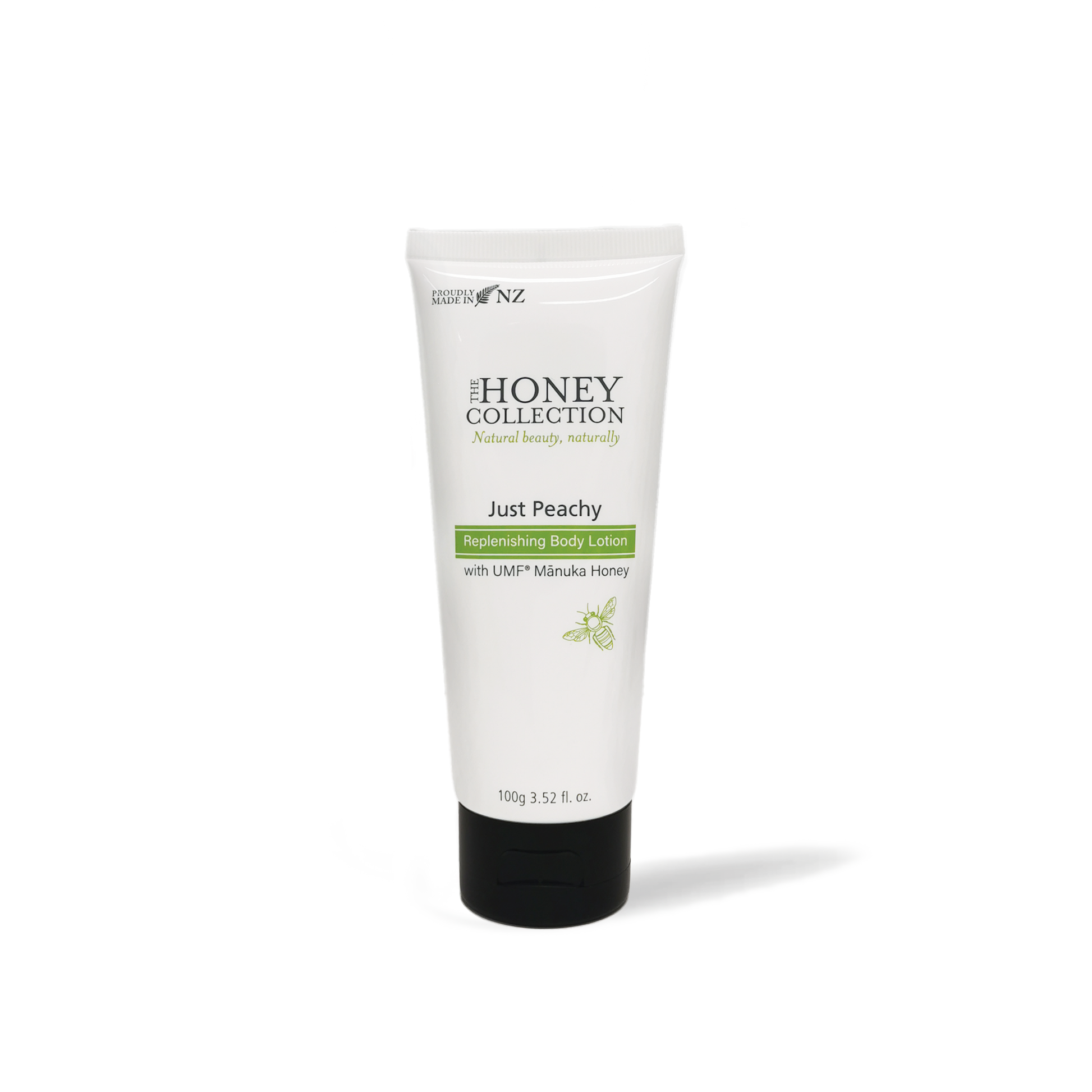 The Honey Collection Just Peachy Replenishing Body Lotion bottle, featuring peach-colored packaging and a pump dispenser.