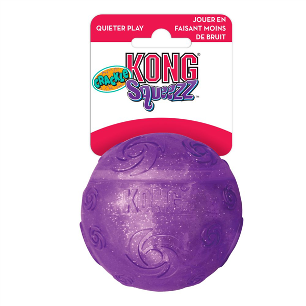 Assorted XL KONG Squeezz Crackle Ball by Animal Addiction Limited, featuring colorful rubber exterior and crackling sound for dogs.