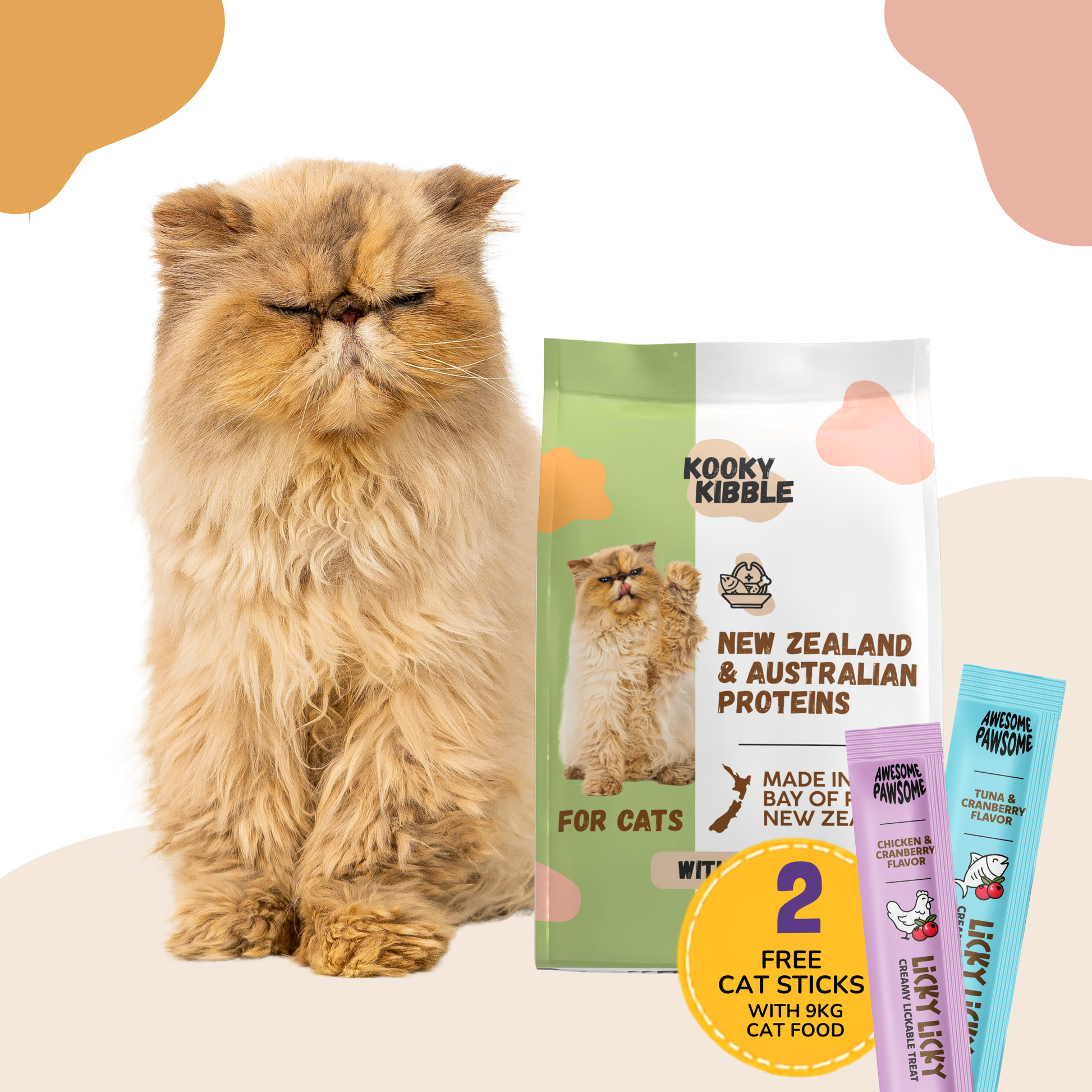 Kooky Kibble NZ grain cat food for all life stages in 3kg bag, featuring dry, nutritious cat food with grains.