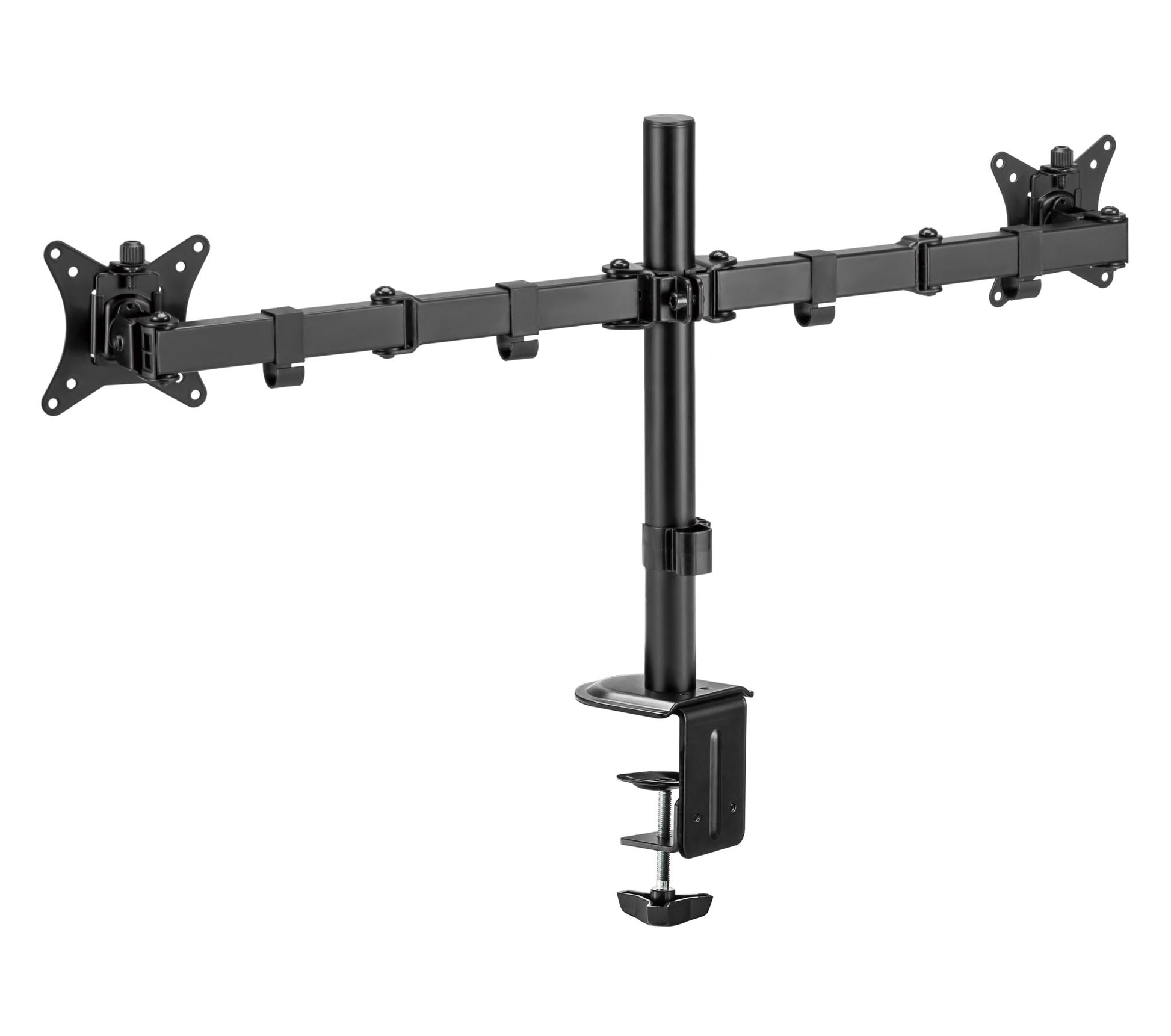 Locktight dual-monitor steel articulating mount by Sue-E Furniture, adjustable bracket for ergonomic monitor setup.