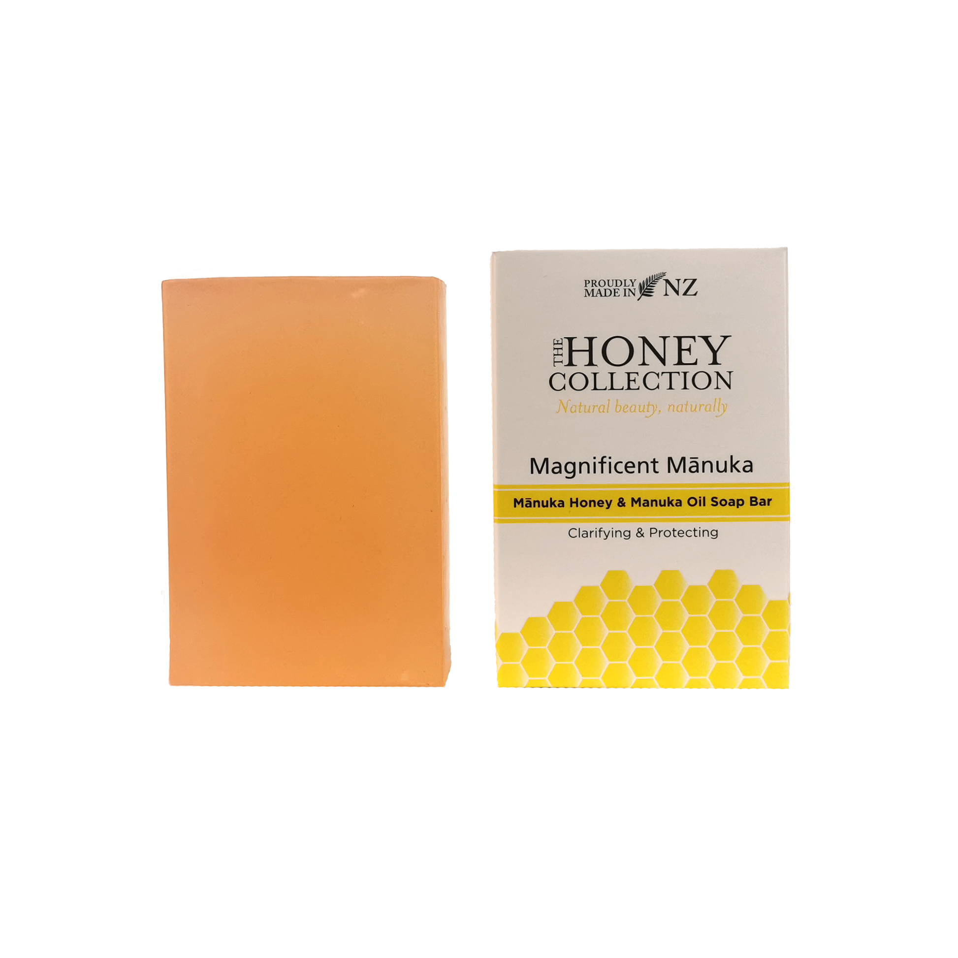 Bar of The Honey Collection Magnificent Manuka soap with natural Manuka honey and Manuka oil, showcasing a creamy, textured soap bar.