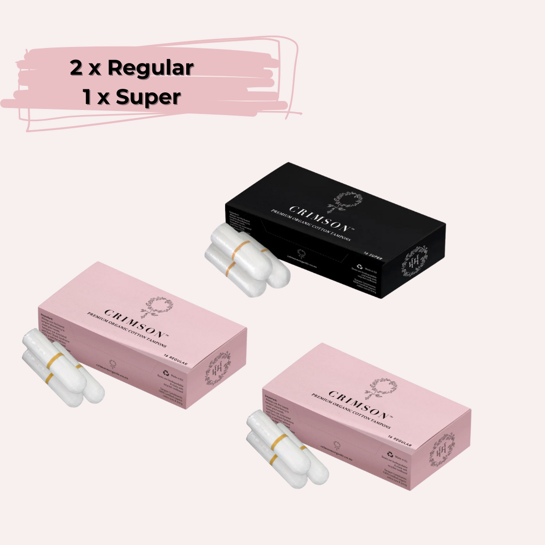 Crimson Medium Flow Bundle with 2 regular and 1 super package of sanitary pads in a box, designed for moderate flow.
