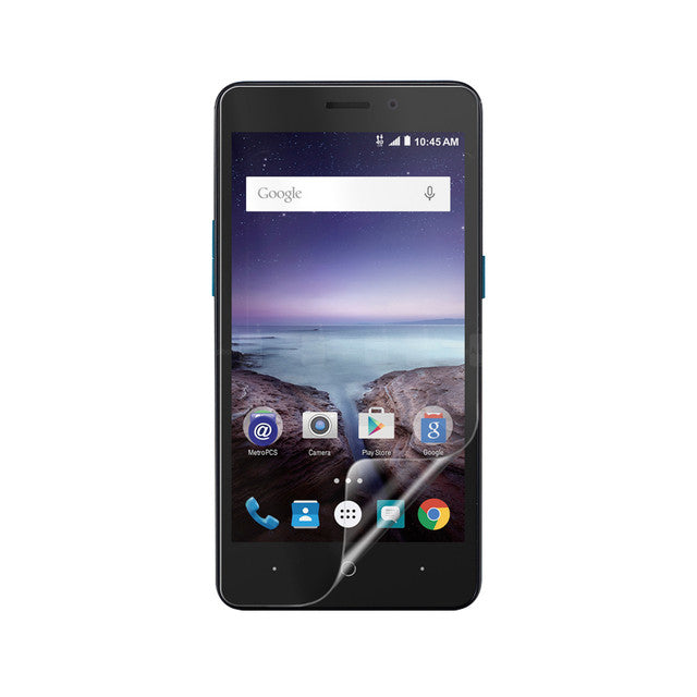 Hydrogel screen protector for ZTE Avid Plus by 9eight5, showing clear, flexible film ready to apply to the phone screen.