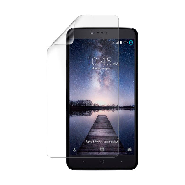 Clear hydrogel screen protector for ZTE Zmax Pro by 9eight5, showing the flexible, transparent film designed to protect the screen.