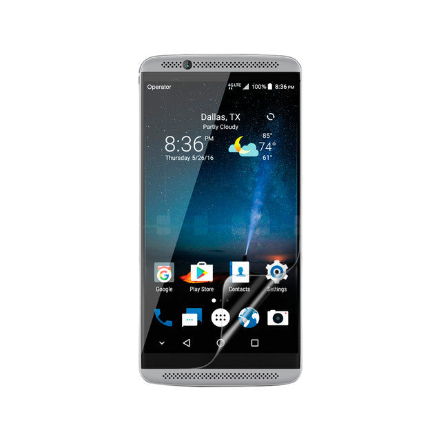 Hydrogel screen protector for ZTE Axon 7 by 9eight5, showing a clear, flexible film covering the phone screen.