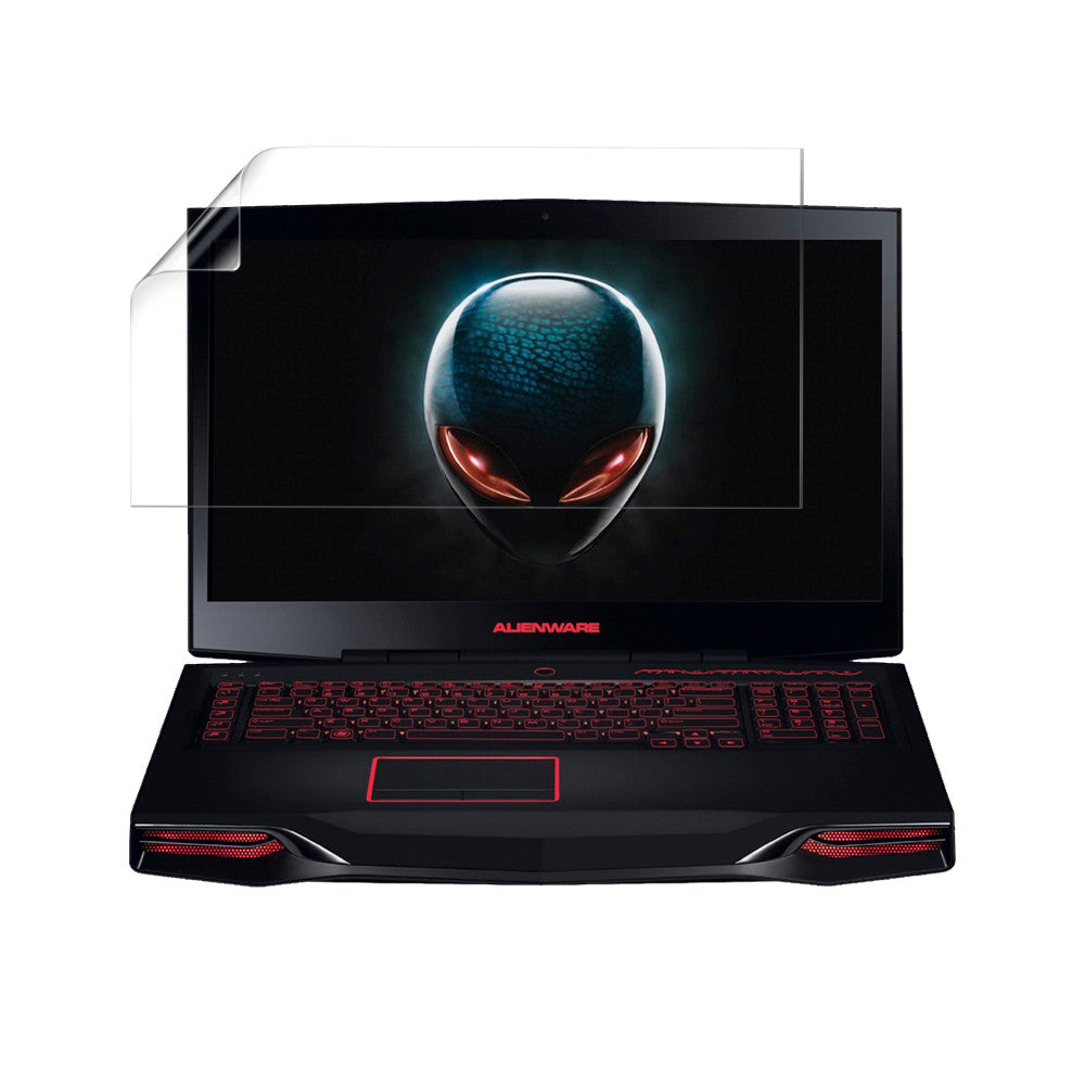 Pair of 9eight5 hydrogel screen protectors for Dell Alienware M18x R2 laptop, showing clear, flexible protectors in packaging.