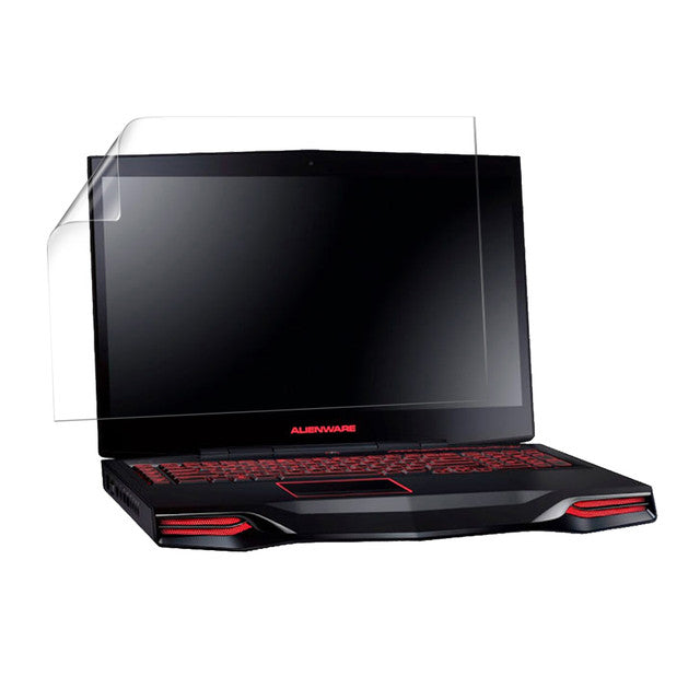 Two 9eight5 hydrogel screen protectors for Dell Alienware M18x laptops, designed to prevent scratches and reduce glare.