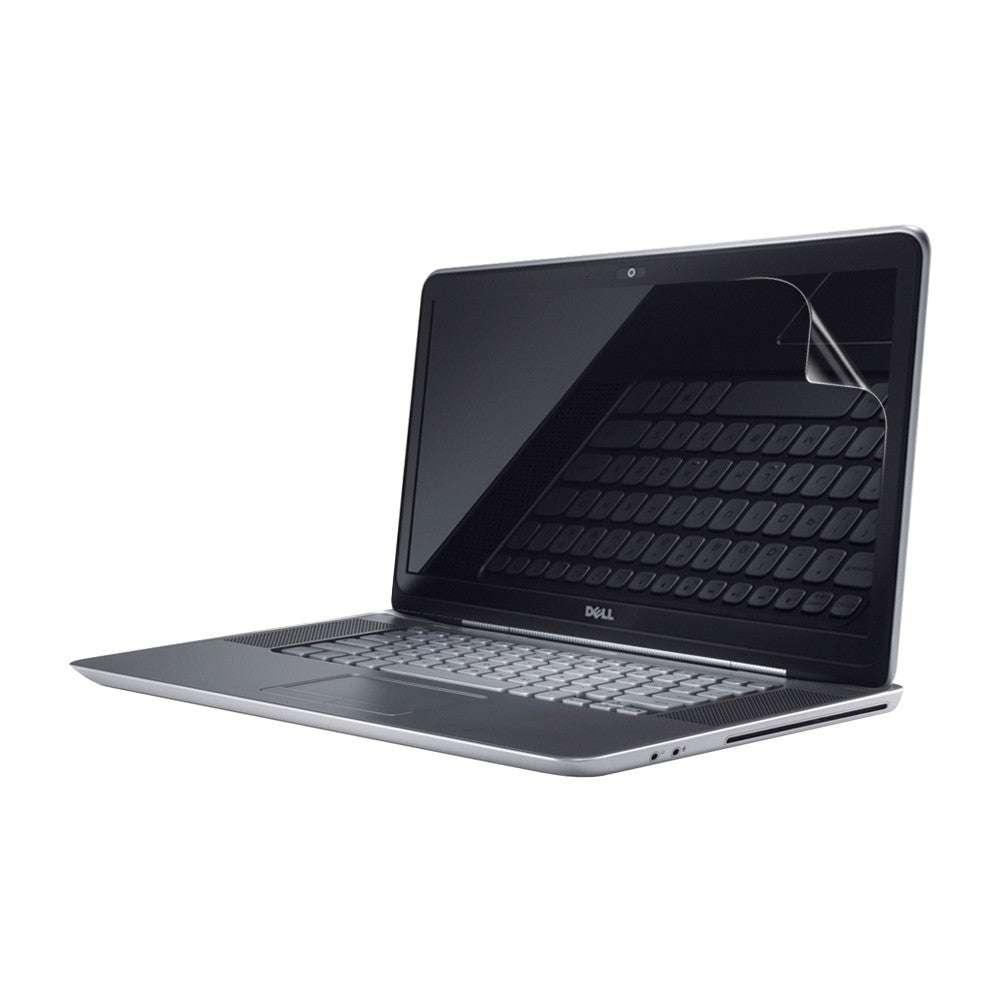 Two 9eight5 hydrogel screen protectors for Dell XPS 15z laptop, showing clear, flexible material with cutouts for ports and camera.