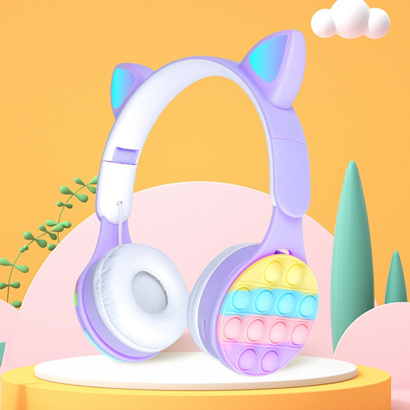 Rainbow bubble glowing cat ears wireless headset with microphone and LED lights, styled for gaming or music.