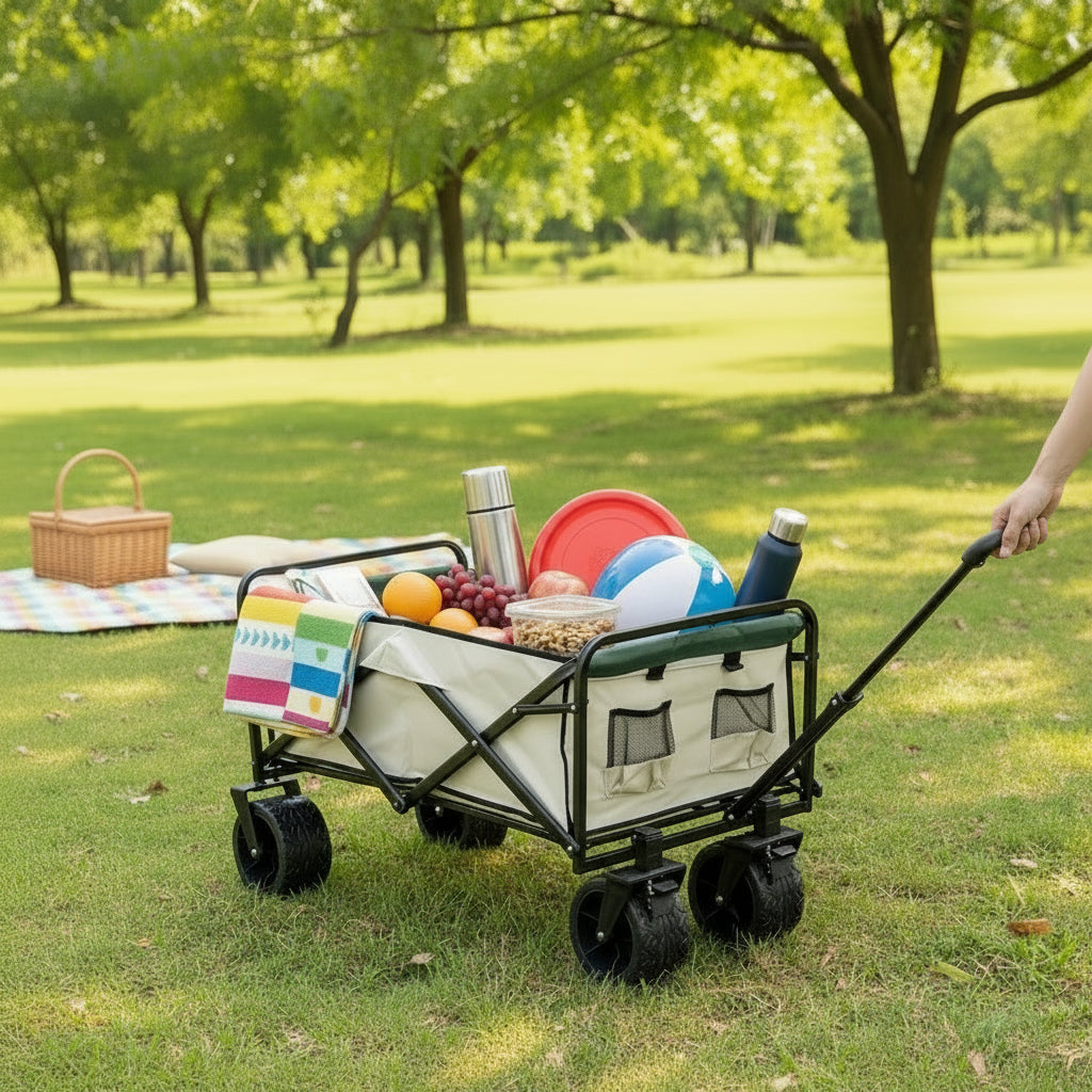 Foldable outdoor trolley picnic cart with 360° rotating wheels in beige and green, ideal for camping and outdoor activities.