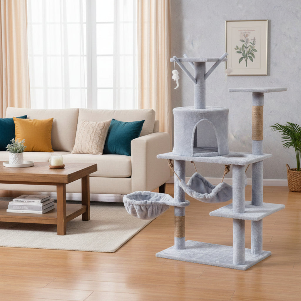 Cat tree scratching post with hanging mouse toy, 125cm tall, from dealonline.co.nz, featuring multiple platforms and sisal scratching surfaces.