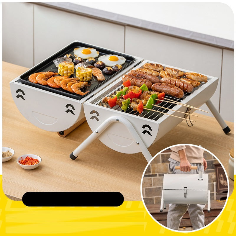Portable charcoal barbecue grill with lockable lid and wooden handle, ideal for outdoor grilling by dealonline.co.nz