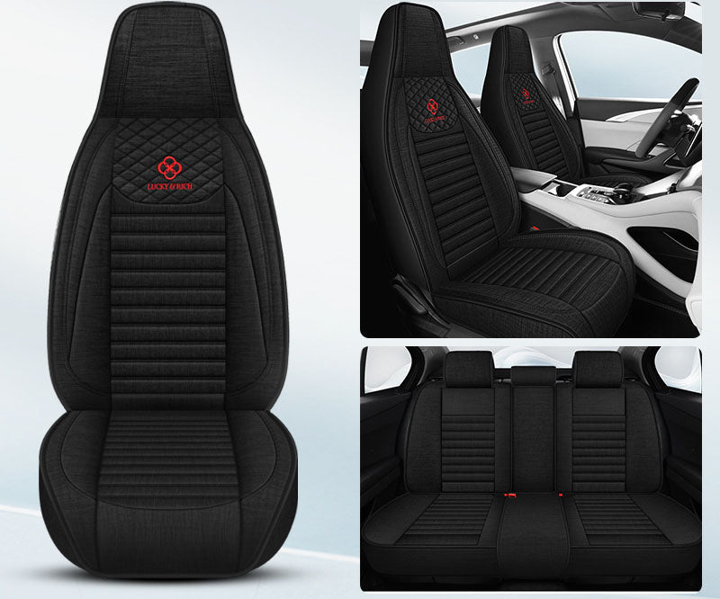 Dealonlinenz sport-style synthetic linen bucket car seat covers full set, breathable flax material, designed for vehicle interior protection.