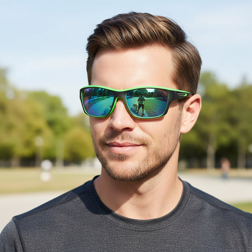 Dealonlinenz polarized sunglasses with blue ray anti-glare hydrophobic lenses, sleek black frame, designed for outdoor protection.
