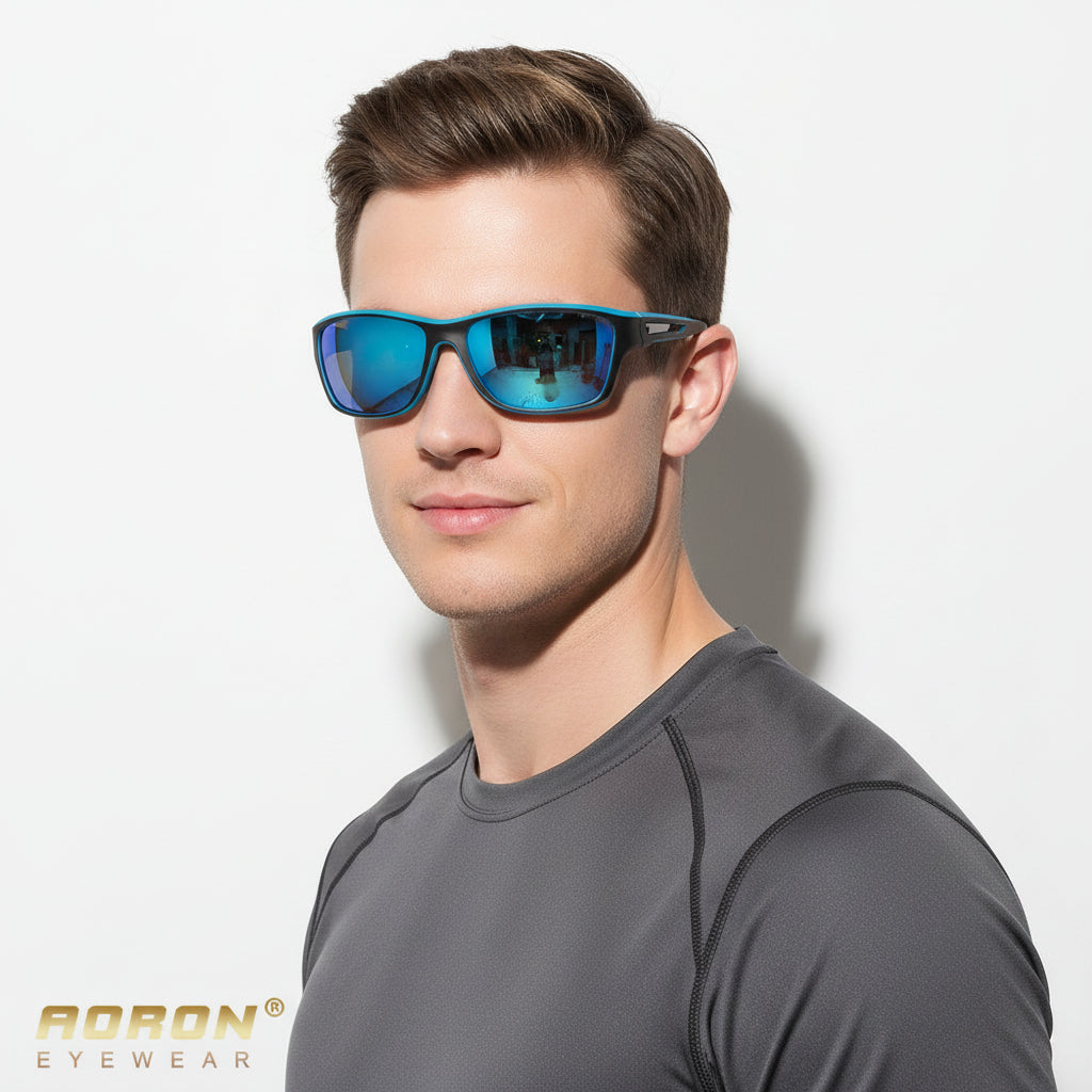 Dealonlinenz HD polarized sunglasses with anti-blue ray lenses, hydrophobic coating, showcasing sleek black frame and tinted lenses.