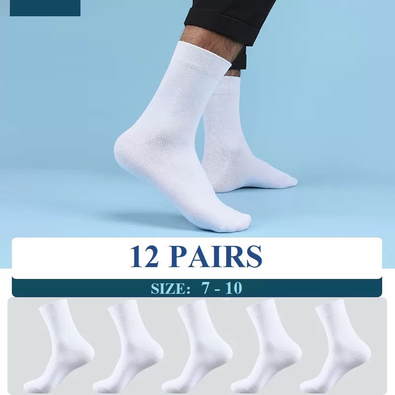 Set of 12 white men's business crew socks in size 7-10, ideal for dress and professional footwear.