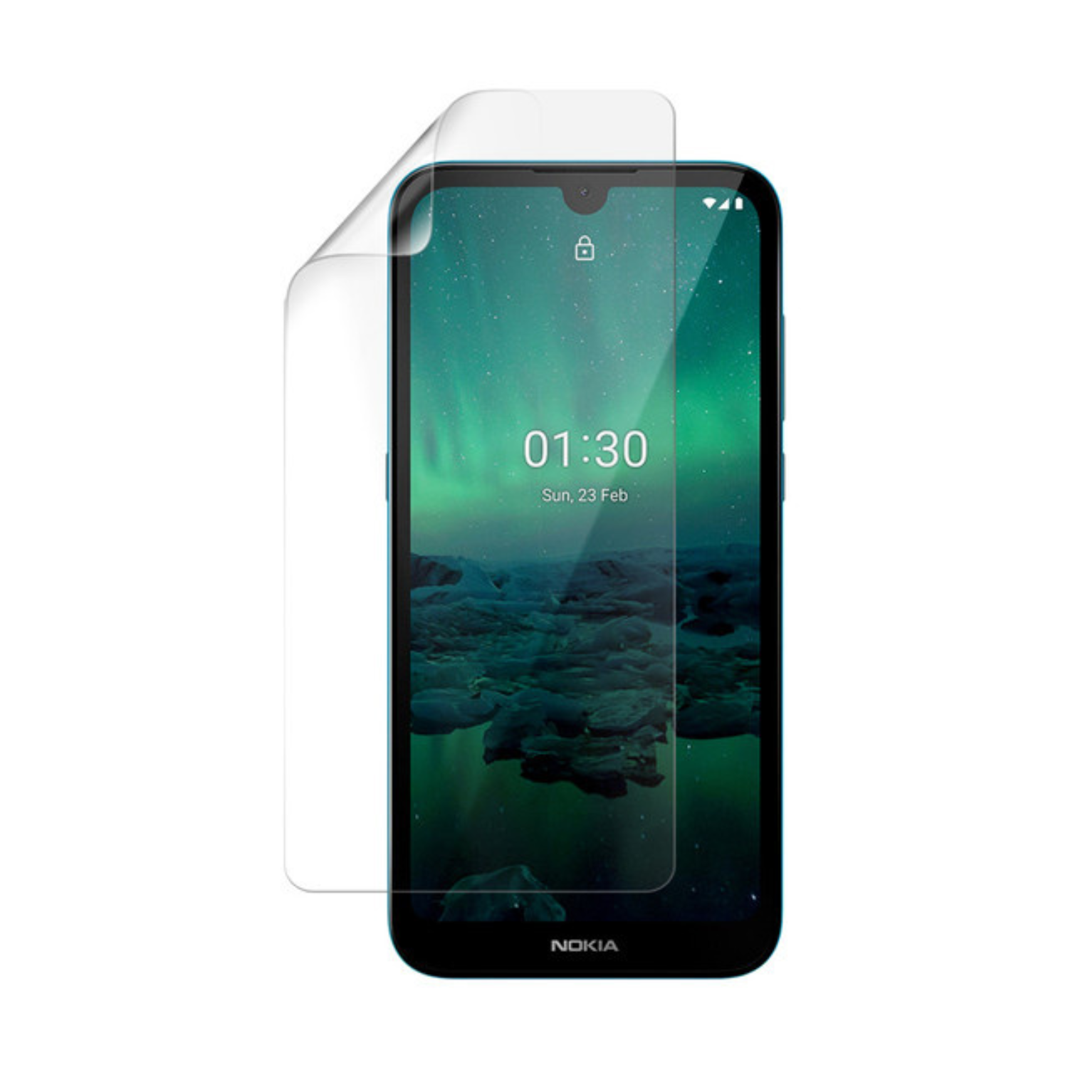 Hydrogel screen protector for Nokia 1.3 by 9eight5, showing a clear, flexible film covering the phone screen for protection.