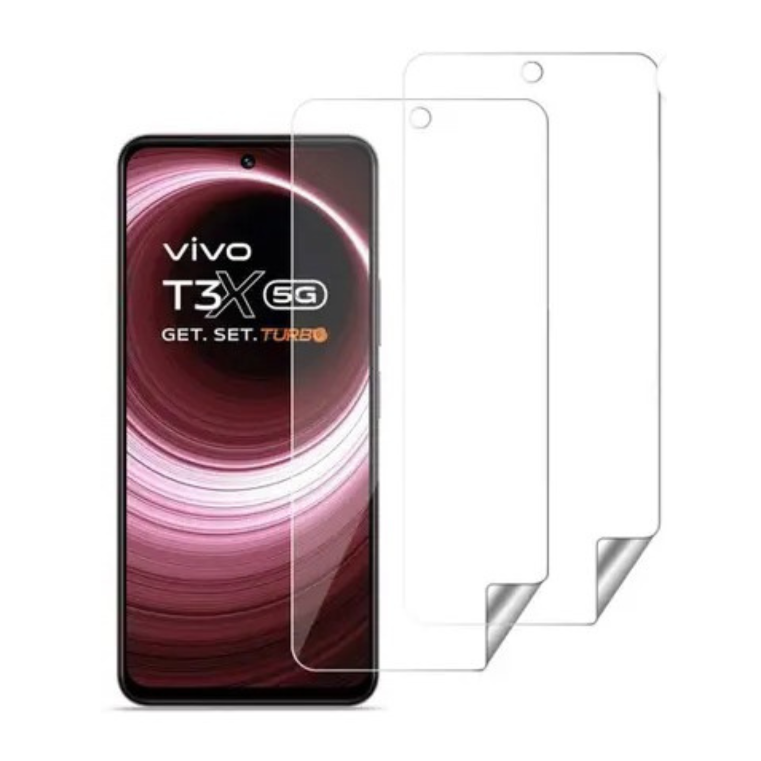 9eight5 Hydrogel screen protector for Vivo T3x 5G, clear protective film shown on smartphone screen in close-up image.