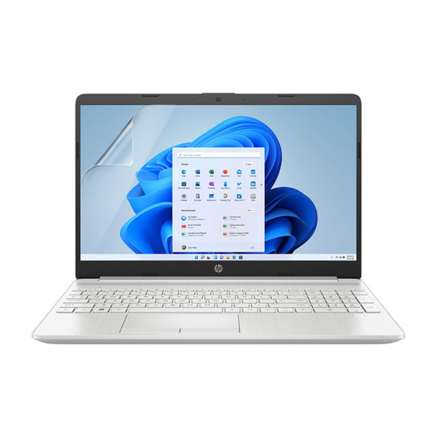 Hydrogel screen protector for HP 15 DW3000 laptop, showing clear, flexible film fitting over the screen in a close-up view.
