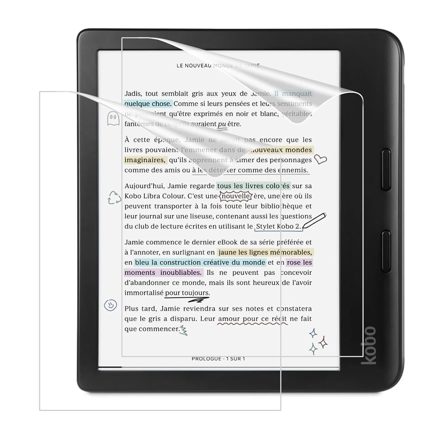 Hydrogel screen protector for Kobo Libra Colour e-reader by 9eight5, showing a clear, thin protective layer on the device screen.