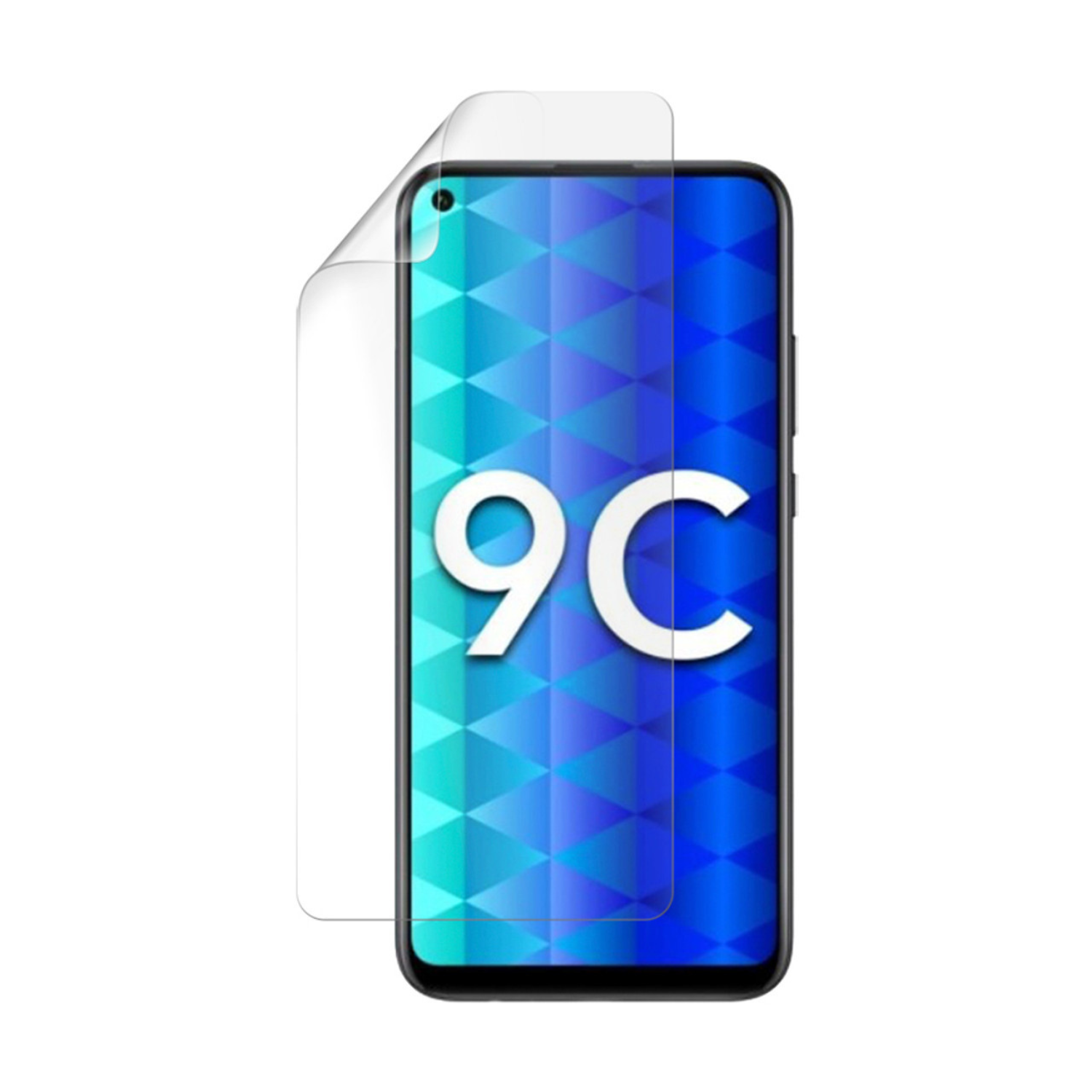 Hydrogel screen protector for Honor 9C by 9eight5, showing a clear, flexible film covering the phone screen.