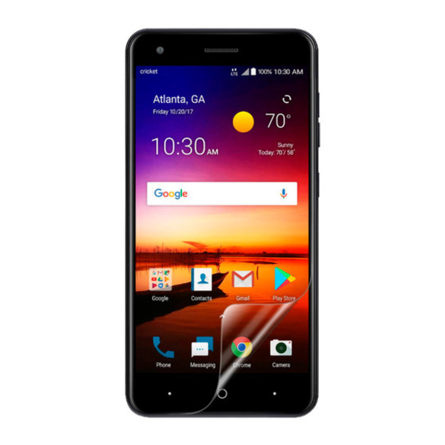 9eight5 Hydrogel screen protector for ZTE Blade X, close-up view showing clear, flexible film covering the phone screen.