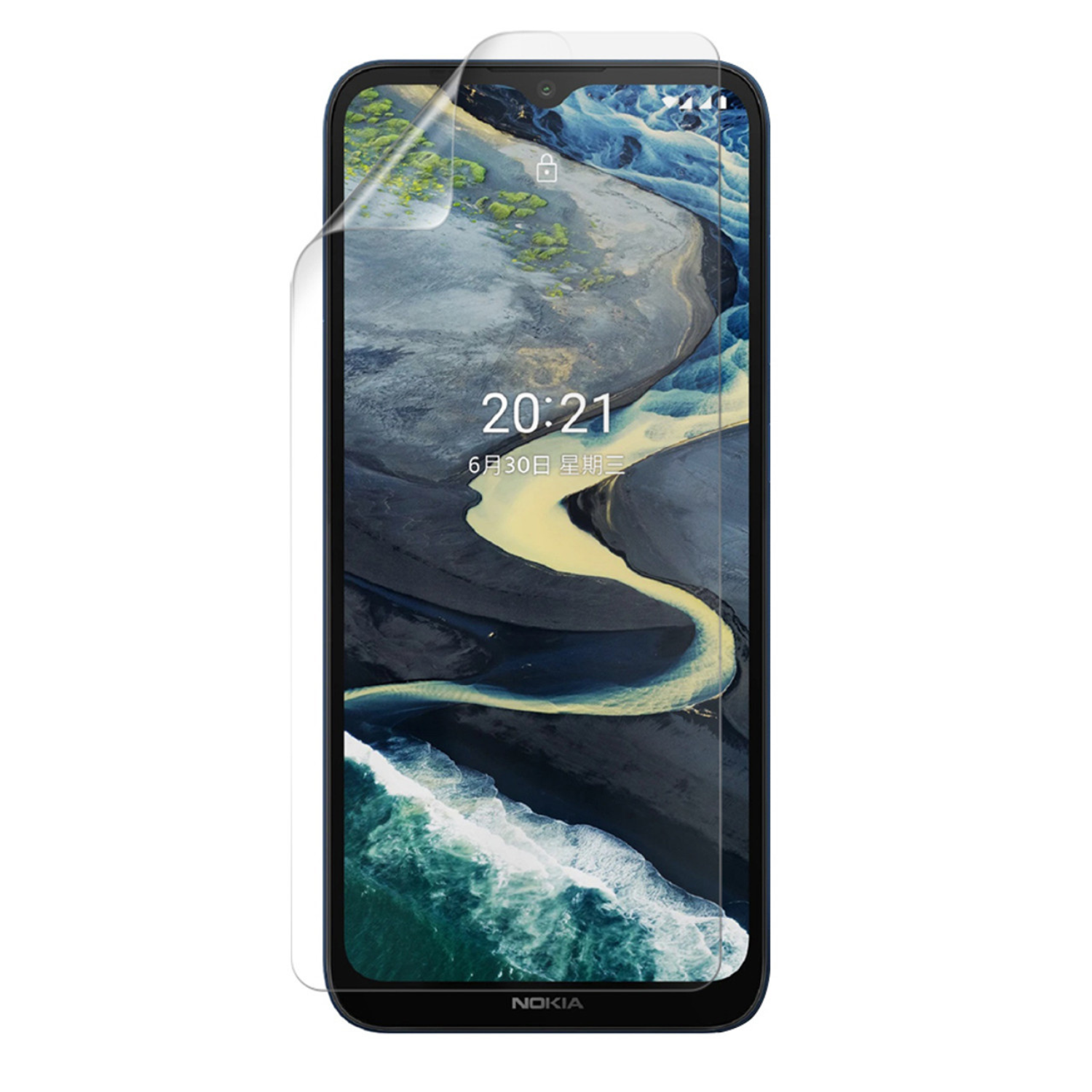 9eight5 Hydrogel screen protector for Nokia C20 Plus showing clear, flexible film covering the phone screen.