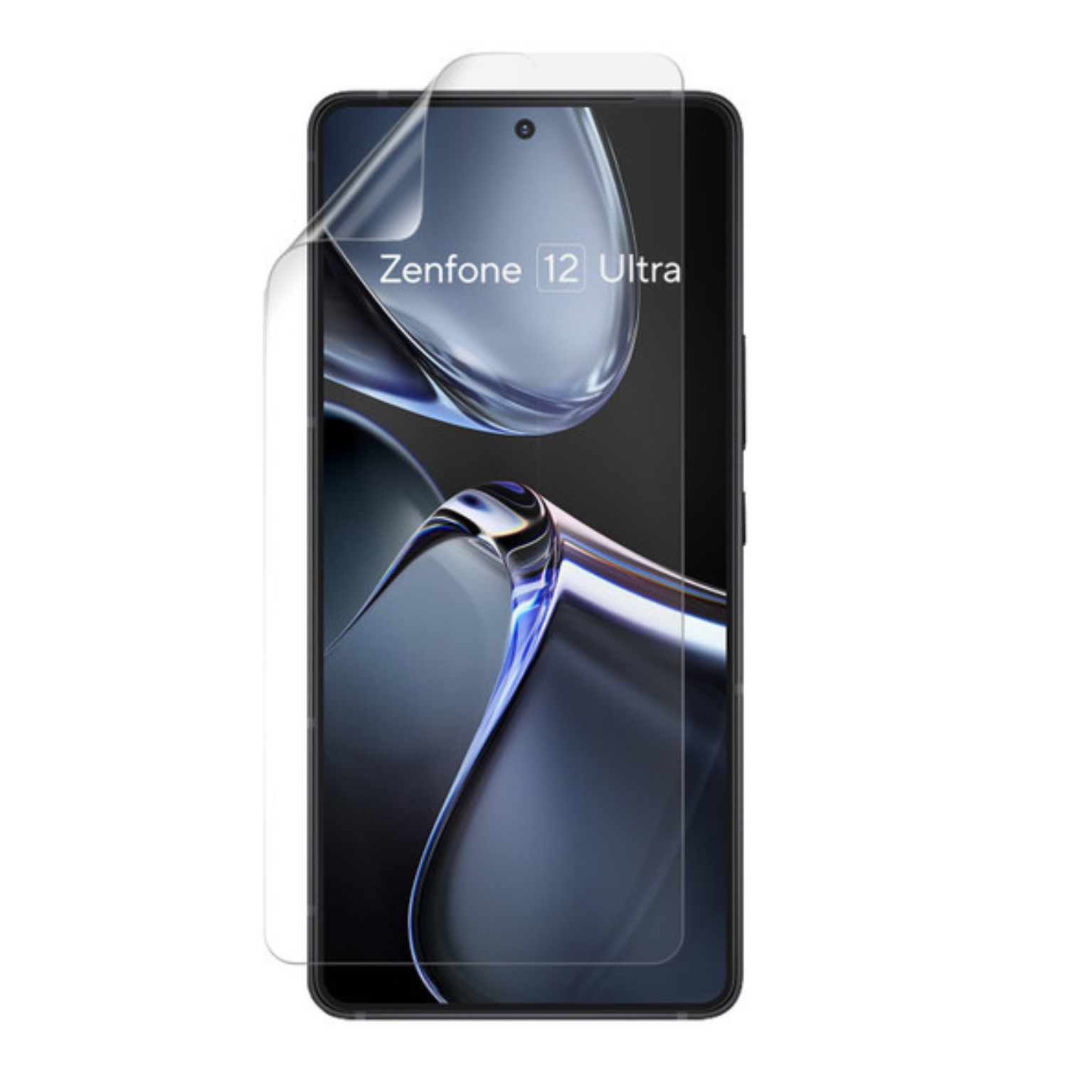 Hydrogel screen protector for Asus Zenfone 12 Ultra by 9eight5, showing clear, flexible film with precise cutouts for the phone screen.