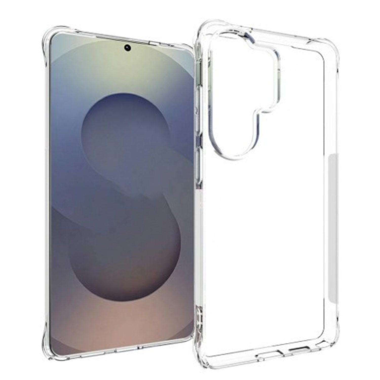 Clear silicone case for Samsung S26 Ultra with screen protector by 9eight5, showing a slim, protective cover on the device.