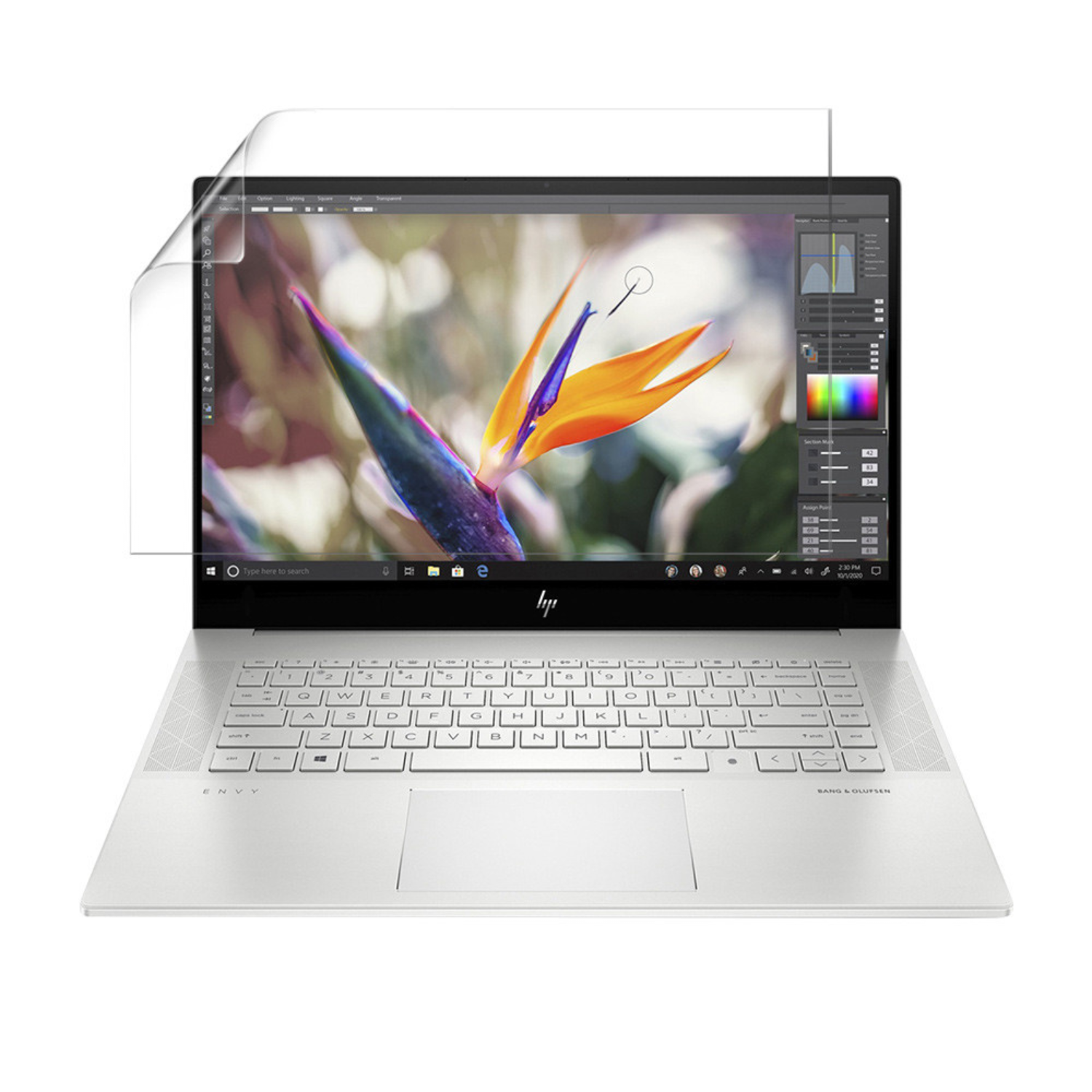 Hydrogel screen protector for HP ENVY 15 EP0000 laptop by 9eight5, showing clear, flexible protective film on screen.