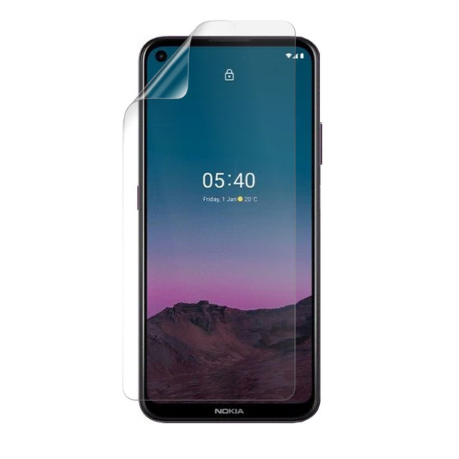 9eight5 Hydrogel screen protector for Nokia 5.4, clear and thin, covering the phone screen to prevent scratches and damage.