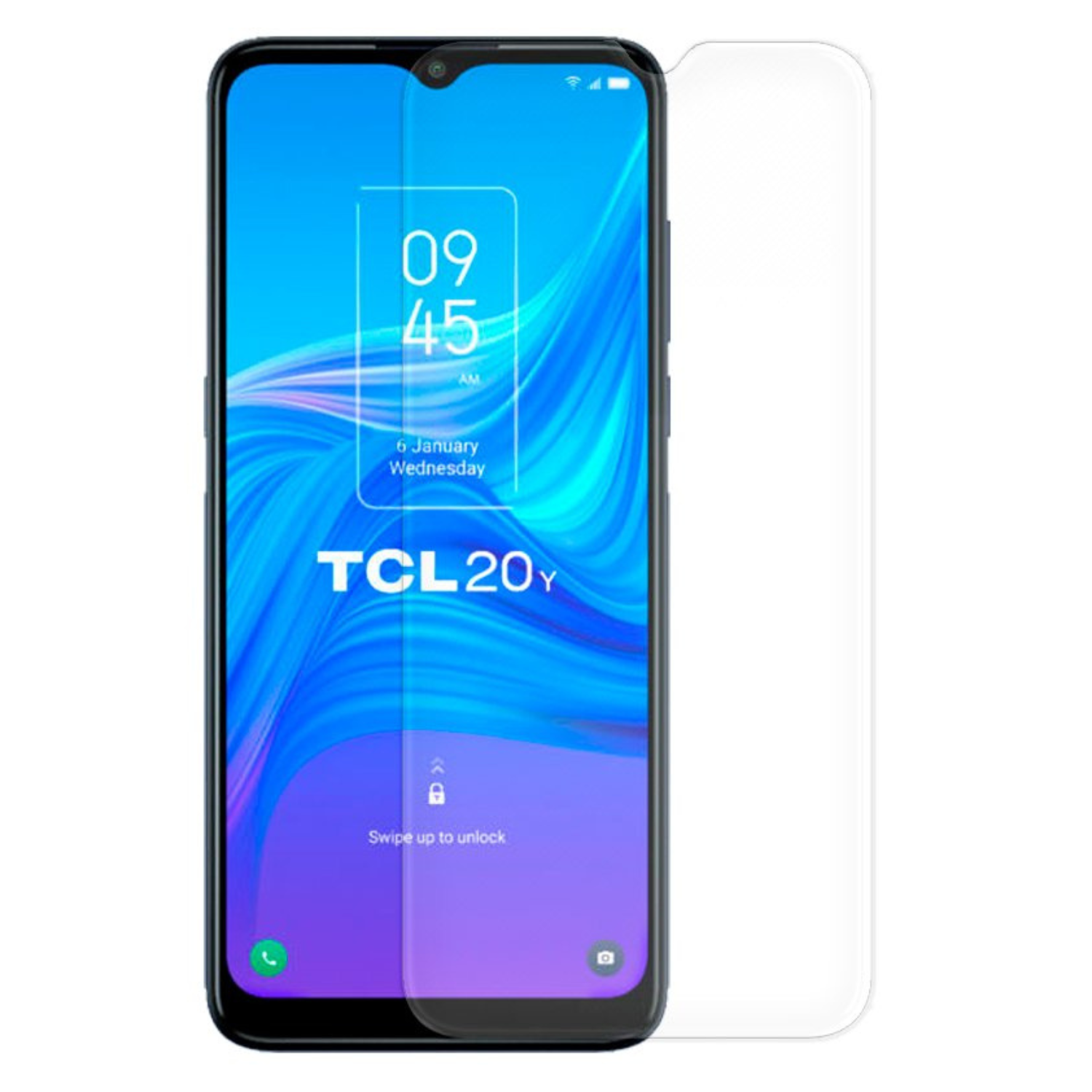 9eight5 Hydrogel screen protector for TCL 20Y, showing a clear, flexible cover applied to the phone screen for protection.