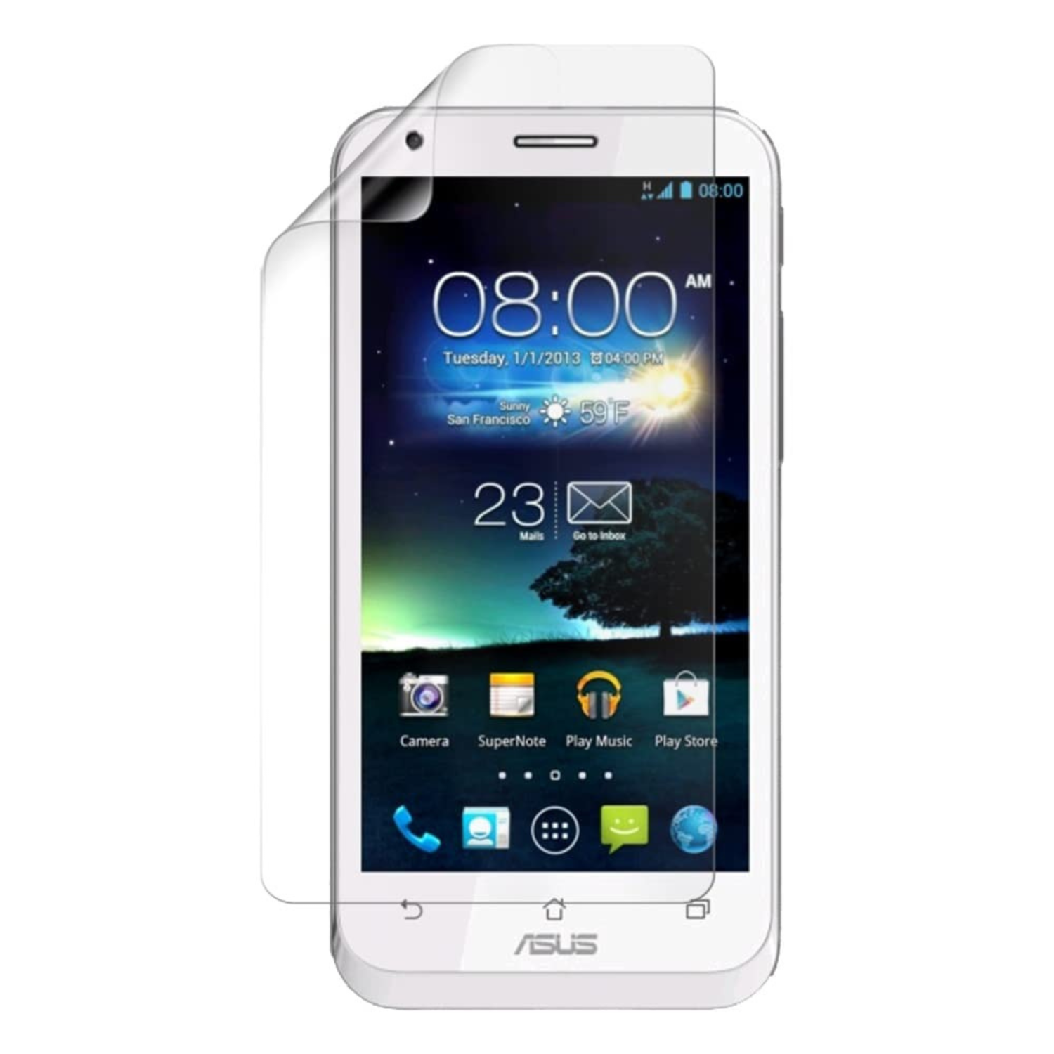9eight5 Hydrogel screen protector for Asus PadFone Mini 4G, showing a clear, thin protective layer on the device screen.