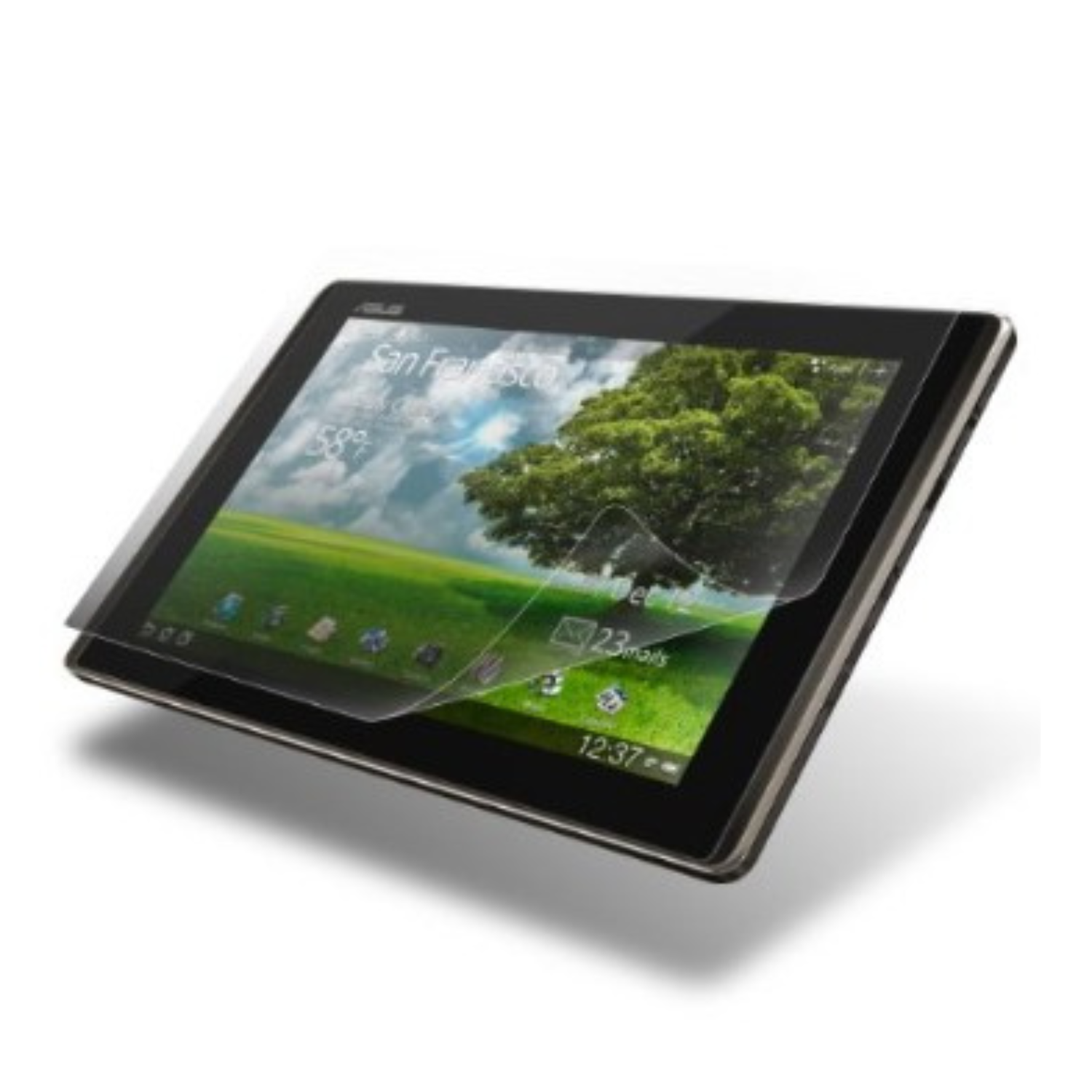 9eight5 Hydrogel screen protector for Asus Transformer TF101 showing a clear, thin film covering the device screen.
