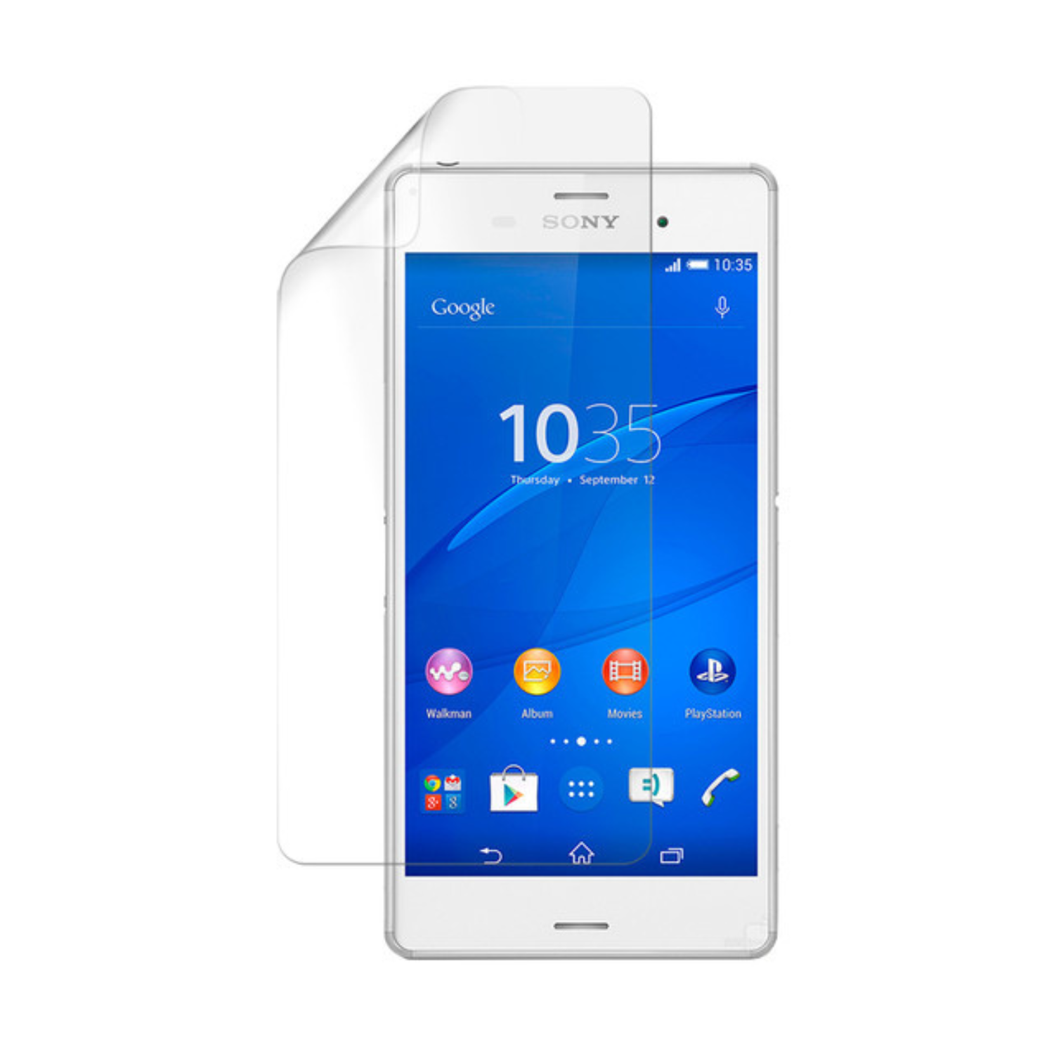 9eight5 Hydrogel screen protector for Sony Xperia Z3, showing a clear, flexible shield fitting over the phone screen.