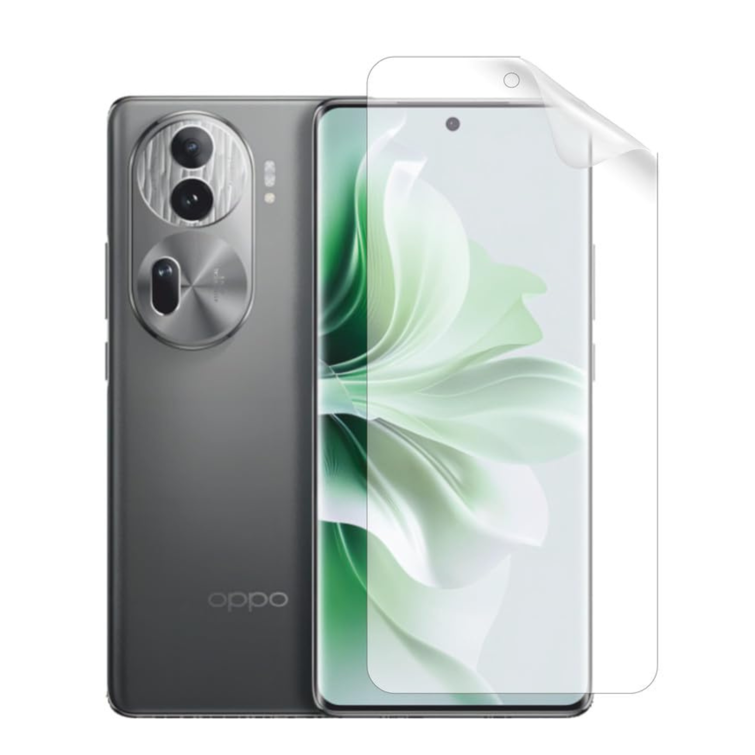 Hydrogel screen protector for OPPO Reno11 Pro by 9eight5, showing the clear, flexible film covering the phone screen.