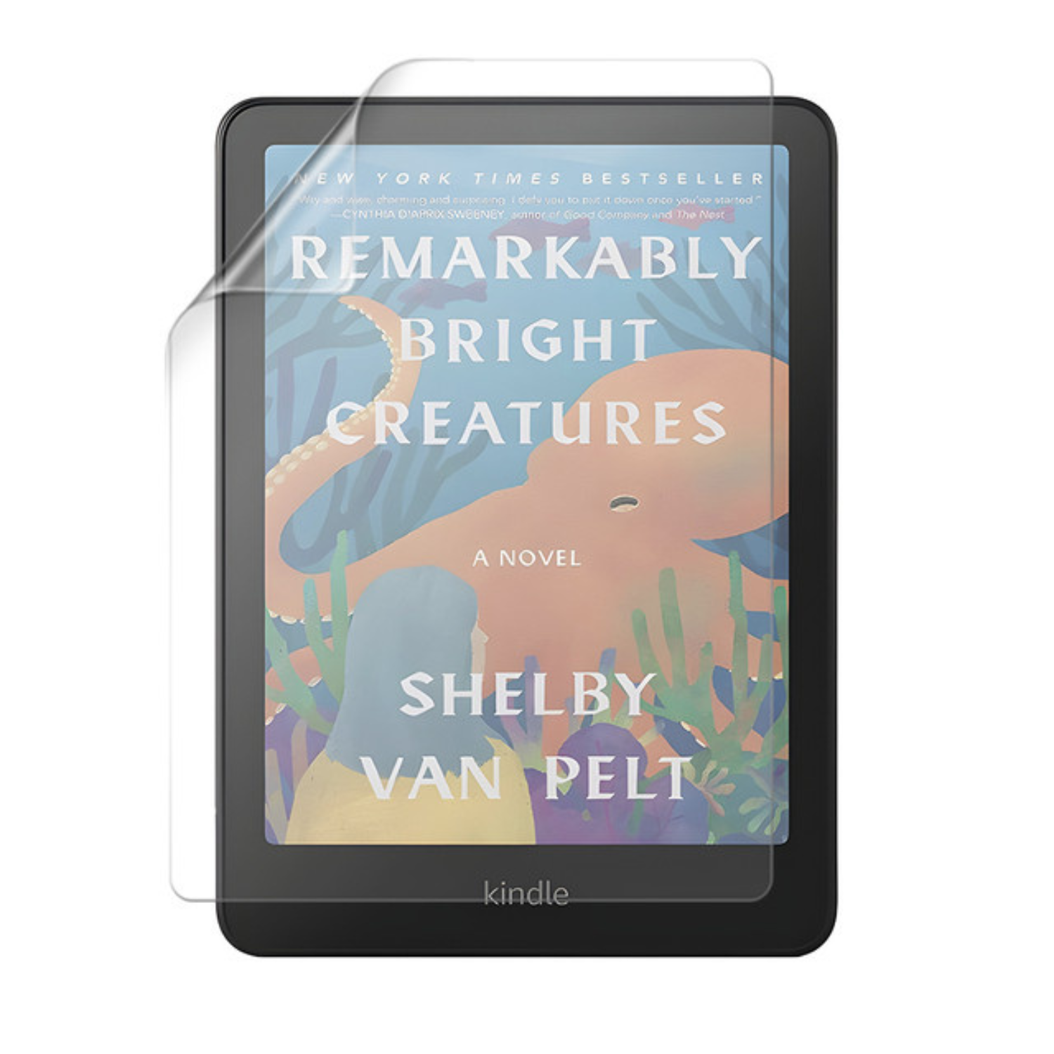 Hydrogel screen protector for Kindle Colorsoft by 9eight5, showing a clear, flexible film applied to a Kindle device.