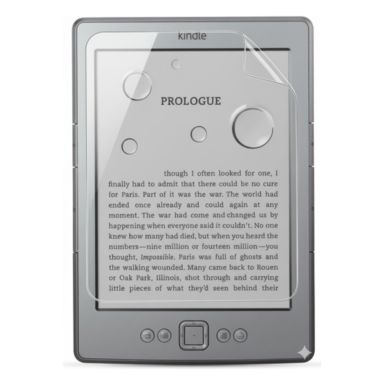 Two 9eight5 hydrogel screen protectors for Kindle 4, showing clear, flexible film covers for device screen protection.