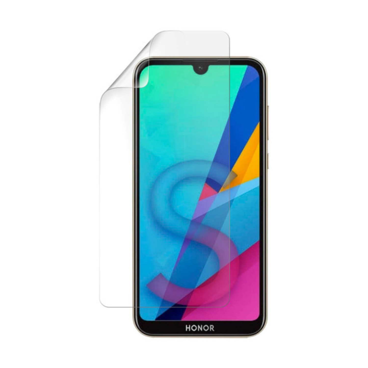 9eight5 Hydrogel screen protector for Honor 8S, showing a clear, flexible film covering the phone screen for protection.
