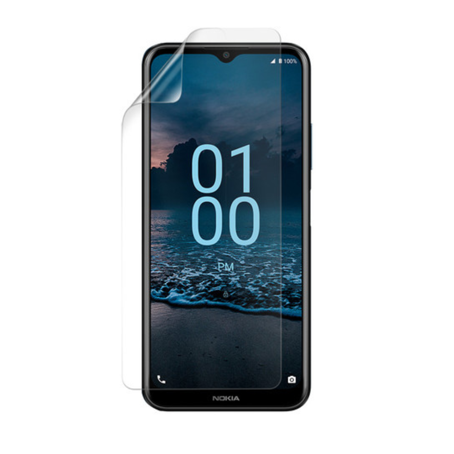 Two 9eight5 hydrogel screen protectors for Nokia G100 smartphone, shown in packaging with clear protective film.