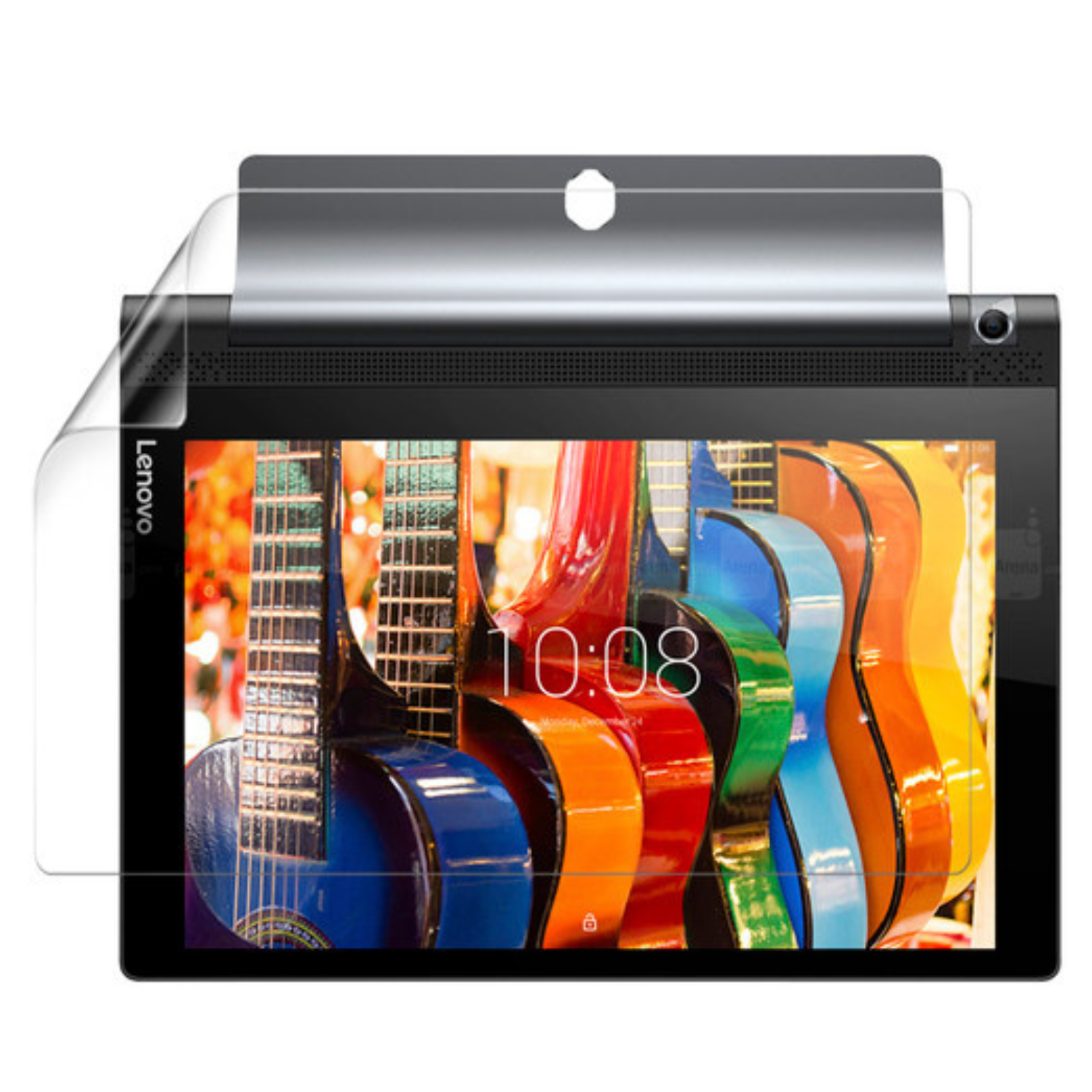 Pair of 9eight5 hydrogel screen protectors for Lenovo Yoga Tab 3 10-inch tablet, showing application on device screen.