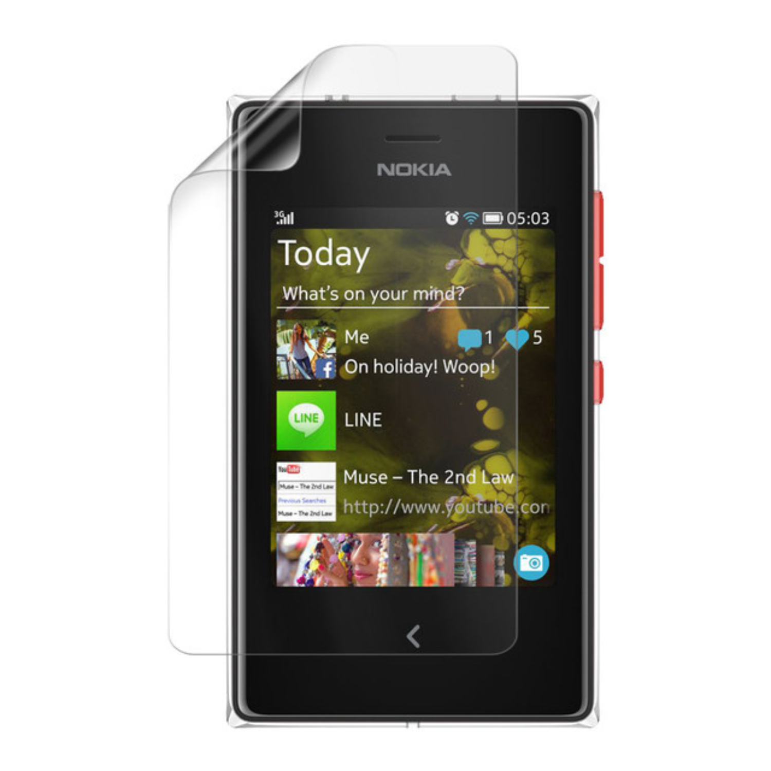 Hydrogel screen protector for Nokia Asha 503 Dual SIM, showing clear, flexible shield with precise cutouts for the phone screen.