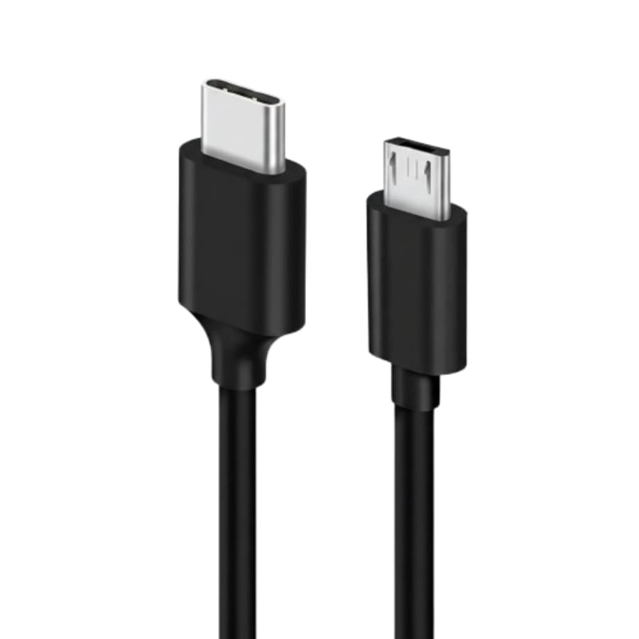 Black 1m USB-C to Micro-USB charger cable for Sony SmartWatch 2 and 3, compatible with smartwatches, shown in the image.