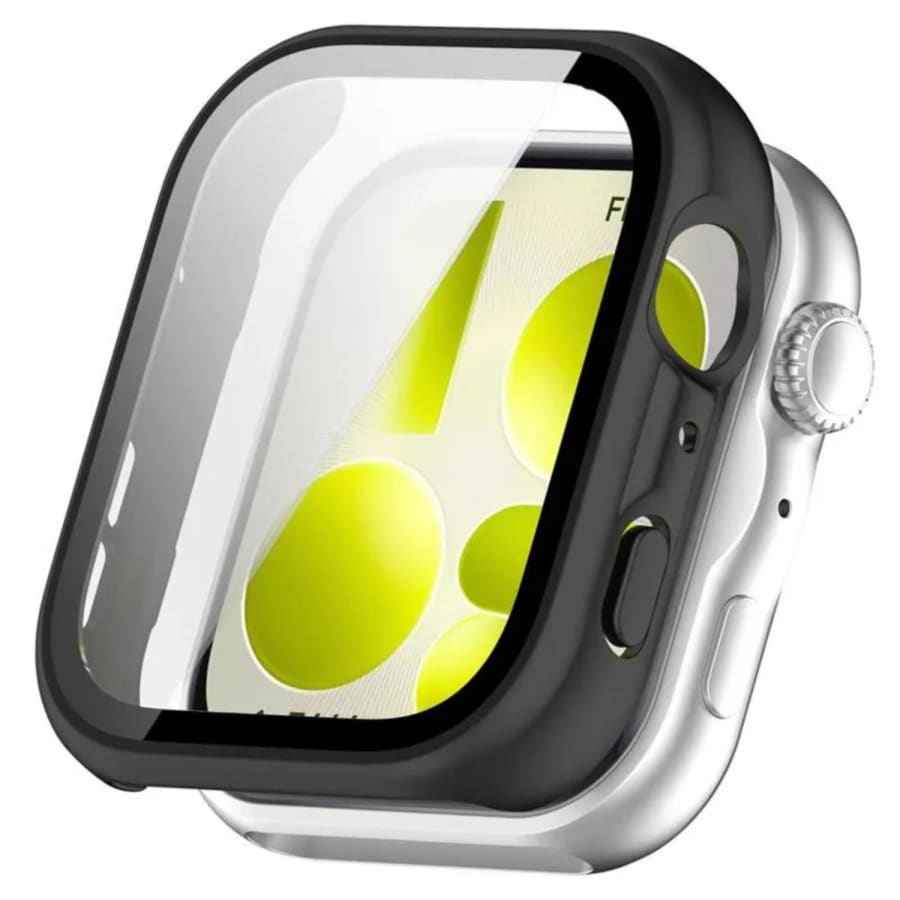 Black protective case for Huawei Watch Fit 5 with screen protector, designed to safeguard and enhance the smartwatch's appearance.