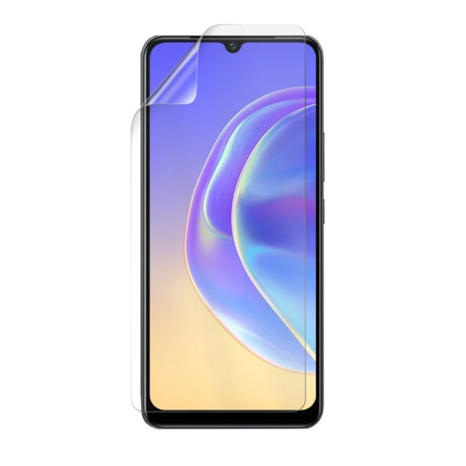 Clear hydrogel screen protector for Vivo V21e by 9eight5, showing a close-up of the transparent, flexible film on a smartphone screen.