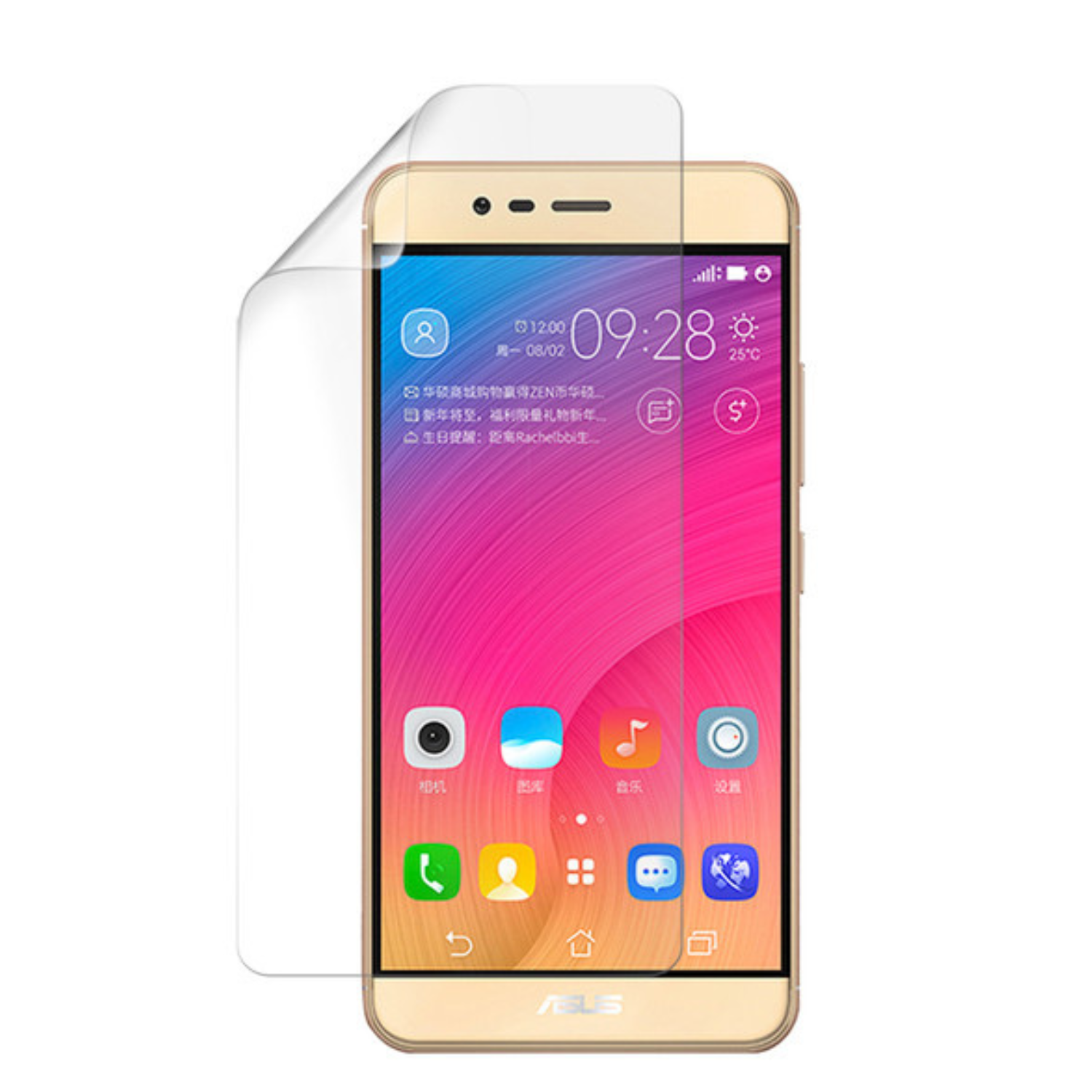 Hydrogel screen protector for Asus Zenfone Pegasus 3 by 9eight5, shown on phone screen with installation details.