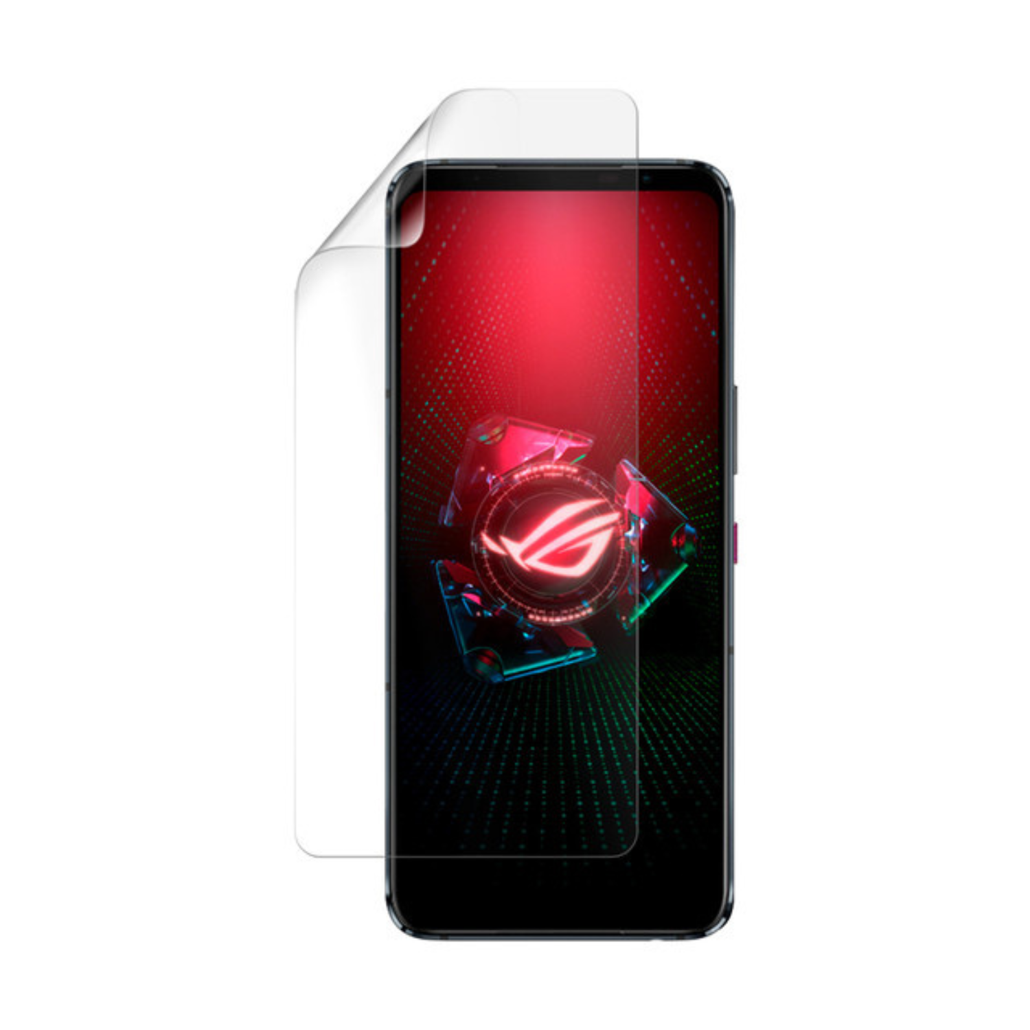 9eight5 hydrogel screen protector for Asus ROG Phone 5 Pro, showing clear, flexible film covering the phone screen for protection.