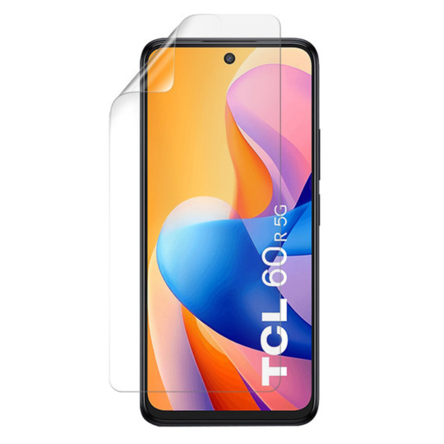 Clear Hydrogel screen protector for TCL 60R by 9eight5, showing a thin, flexible film fitted on a smartphone screen.