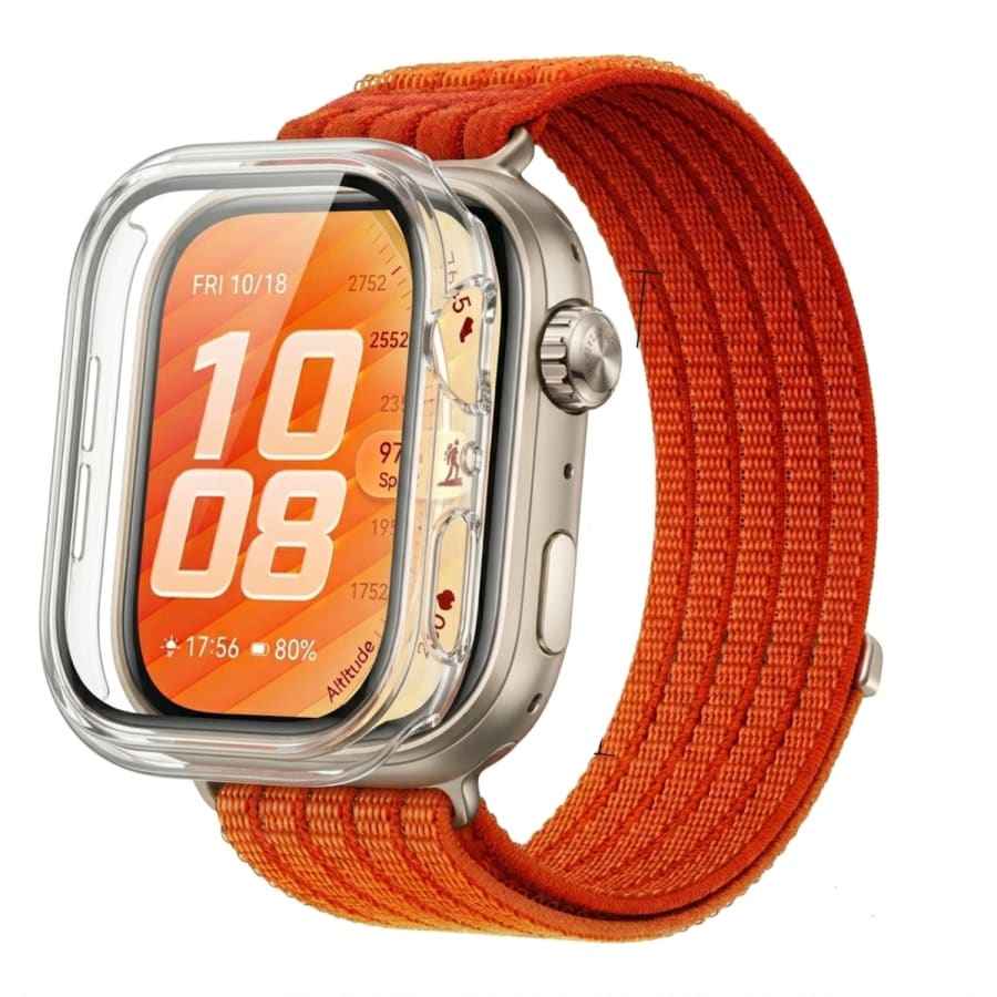 Clear protective case for Huawei Watch Fit 5 Pro by That Watch Shop, showing the transparent, snug-fit design on the smartwatch screen.