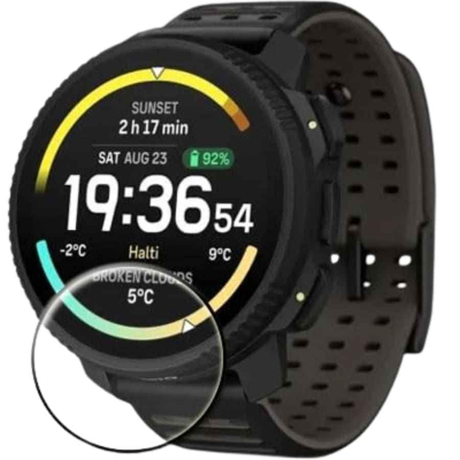 Glass screen protector for Suunto Vertical 2 watch, showcasing clear, durable protection applied to the watch face.